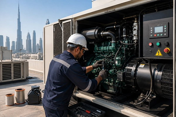 Technician performing diesel generator service in Dubai for a commercial facility