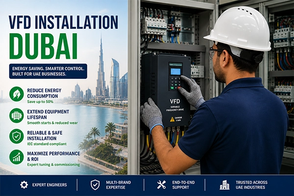 Certified engineer performing VFD installation Dubai on an industrial motor panel
