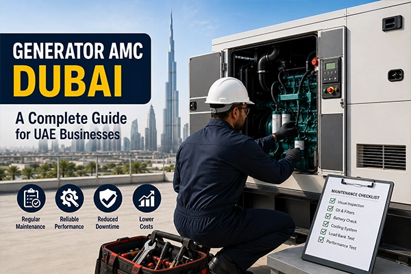 Technician performing generator AMC Dubai maintenance on a diesel genset at a UAE facility