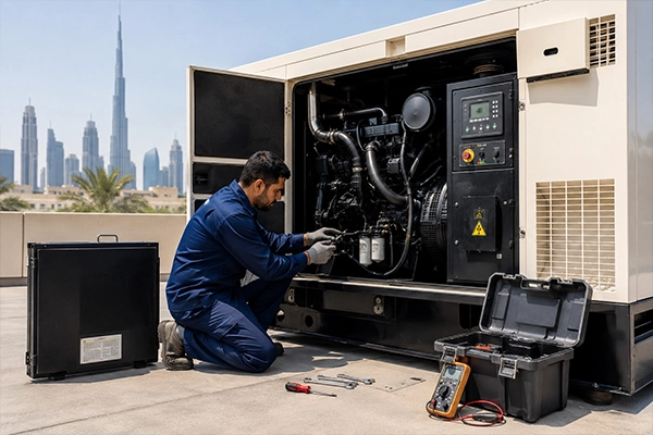Certified technician performing generator repair service in Dubai facility
