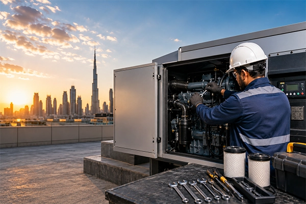 Technician performing generator service in Dubai for a commercial backup power unit