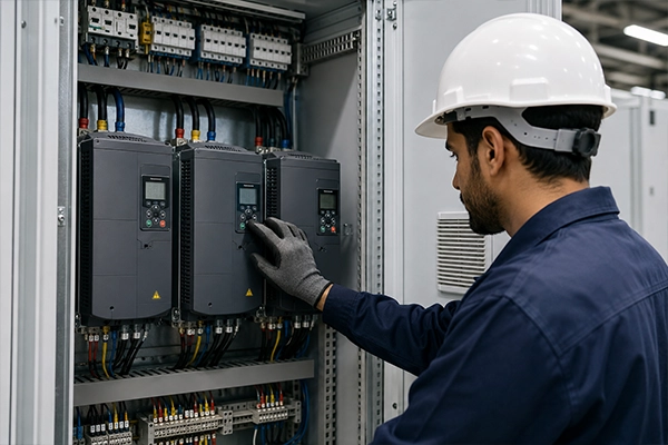 VFD supplier Dubai installing a variable frequency drive panel in a UAE facility