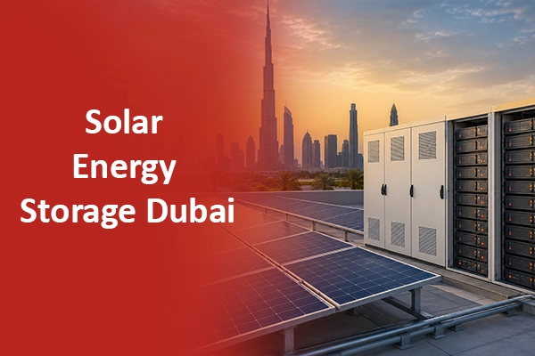 Solar energy storage battery system installed on a commercial rooftop in Dubai, UAE