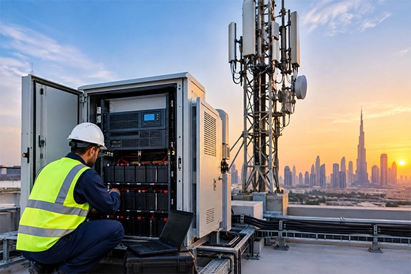 Telecom tower base station with UPS battery cabinet from a telecom UPS supplier in Dubai, UAE