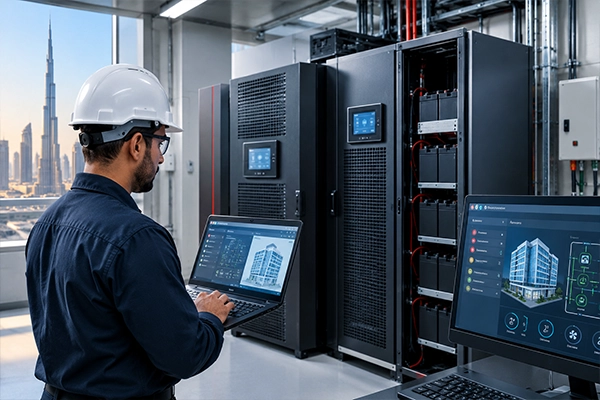 Online UPS cabinet wired to a BMS control panel in a Dubai commercial building plant room
